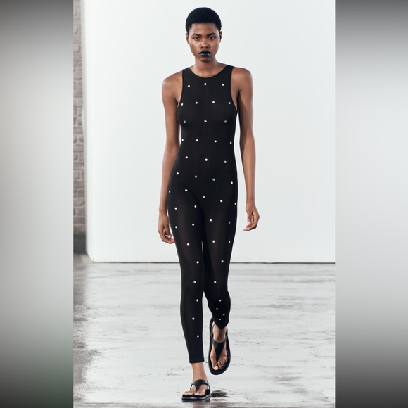 Zara JUMPSUIT w/RHINESTONE ORGANZA Size Small - NWT - Picture 3 of 9